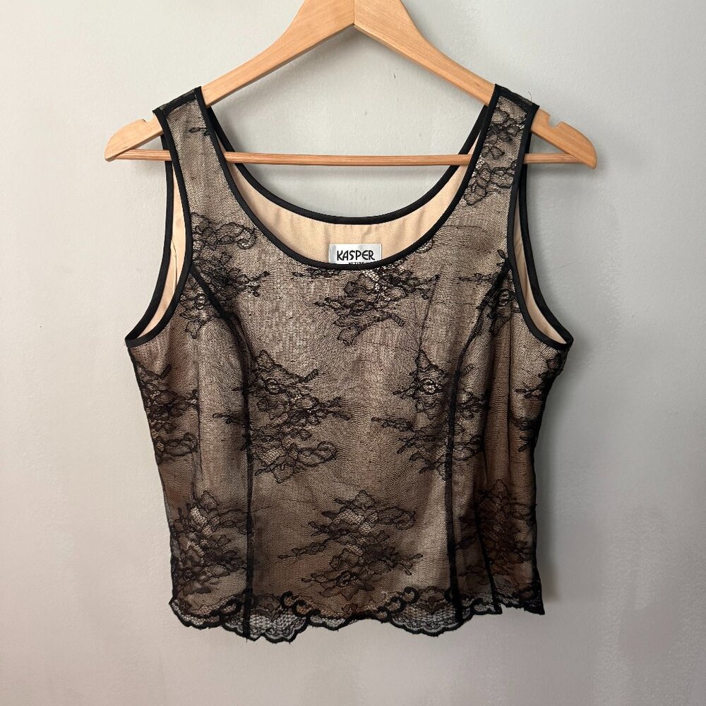 Vintage Kasper Petite Black Lace and Champage Gold Satin Lining Tank Top Blouse